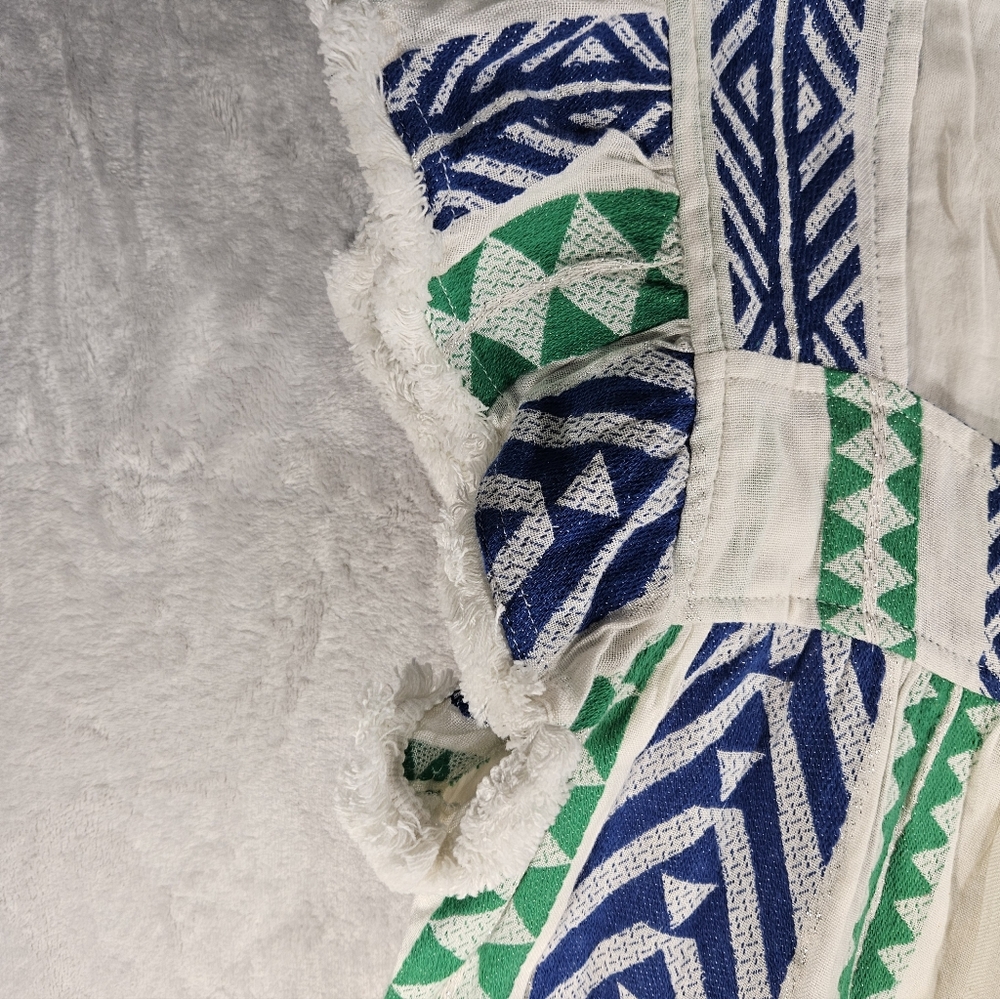 THML Flutter Fringe Sleeve Square Neck Chevron Print Blue Green Dress Size M - Picture 4 of 14